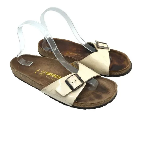 Birkenstock Madrid BirkoFlor Sandals Slides Shiny Ivory 40 Womens US 9 Narrow - Picture 1 of 11